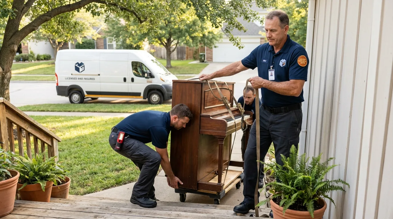 Licensed piano movers securing grand piano in Wyoming, MI