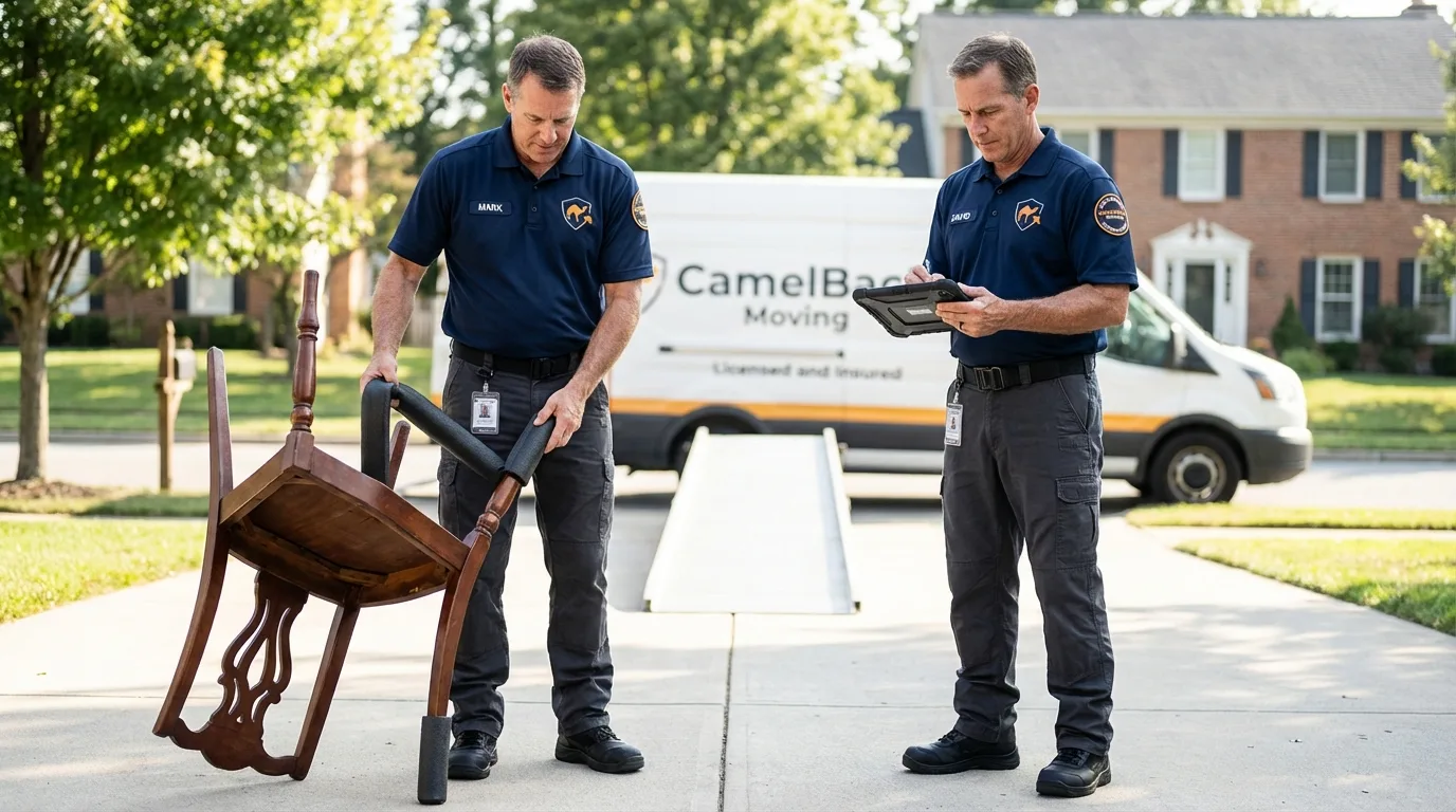 Movers inspecting furniture for damage prevention before loading in Wyoming, MI