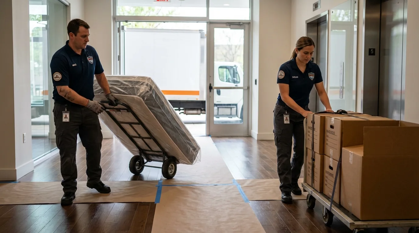 Professional apartment movers loading elevator in Wyoming, MI