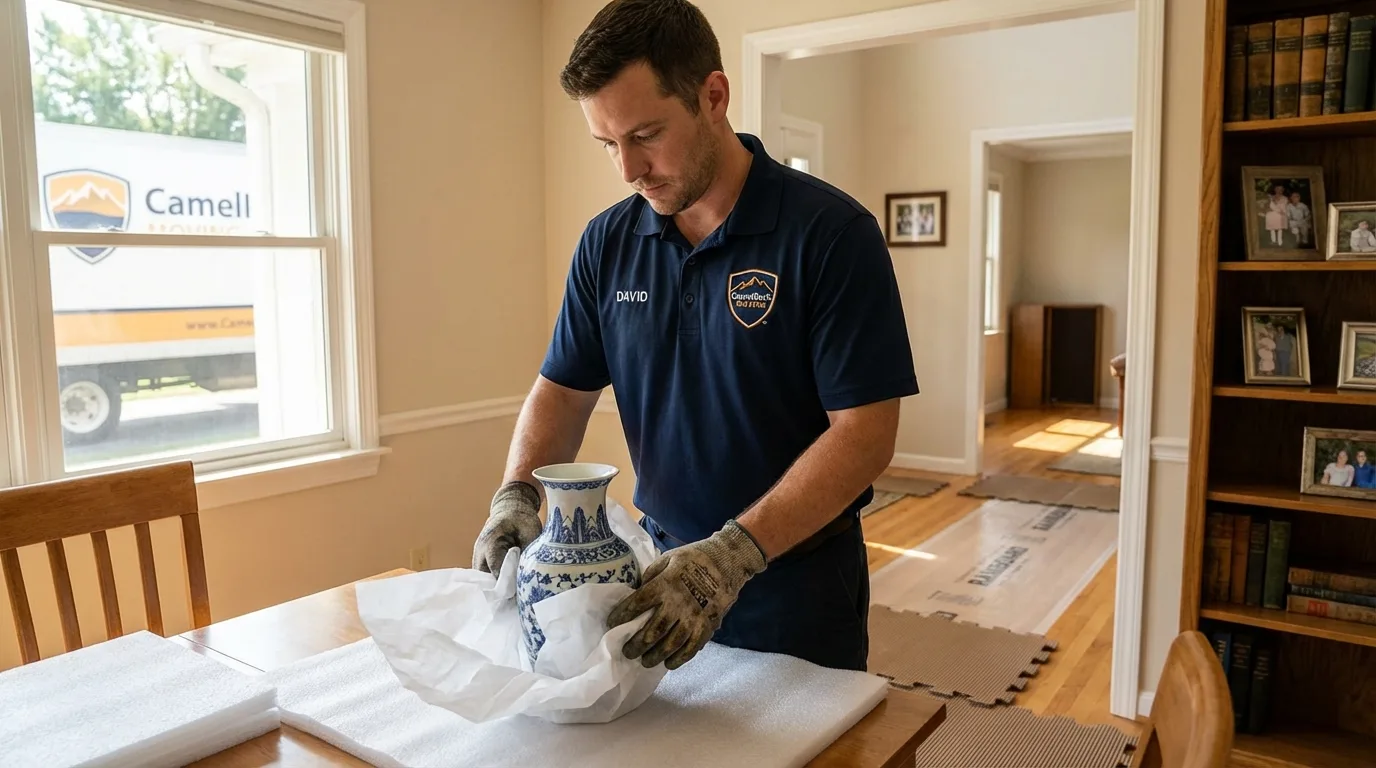 Professional crew carefully wrapping antique vase for senior downsizing move in Wyoming, MI